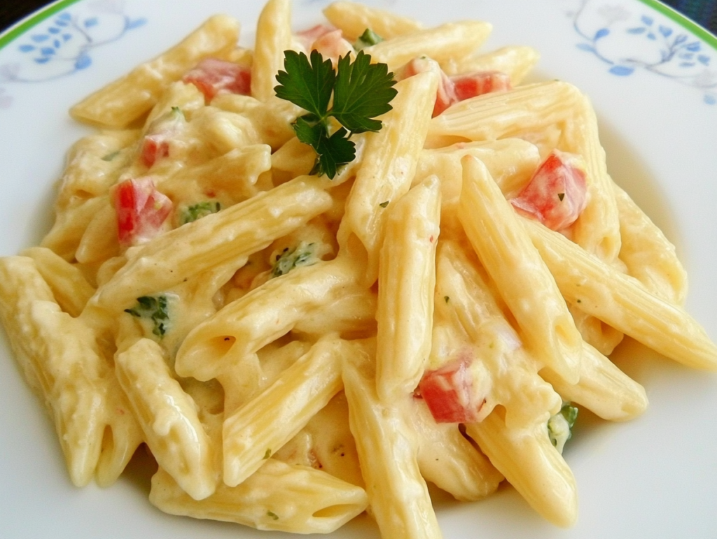 creamy garlic pasta on a plate with tomatoes and oregano sprinkled on top for garnish