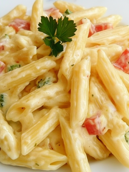 creamy garlic pasta on a plate with tomatoes and oregano sprinkled on top for garnish