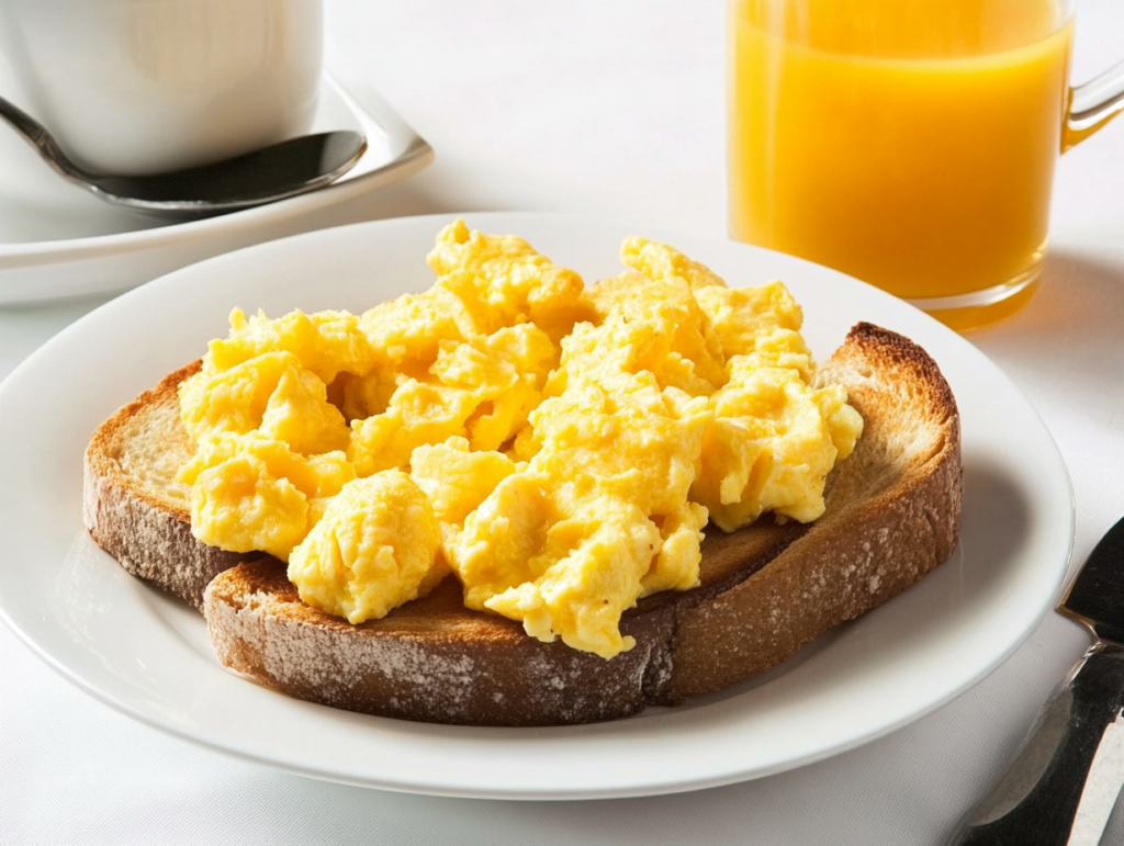 a cozy breakfast tables with scrambled eggs and a cup of juice and a coffee cup