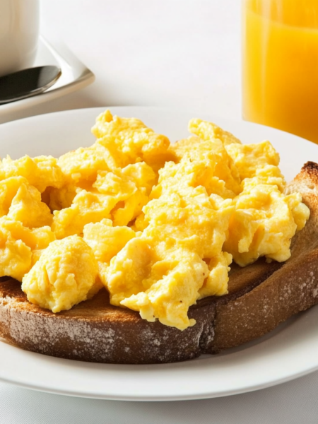a cozy breakfast tables with scrambled eggs and a cup of juice and a coffee cup