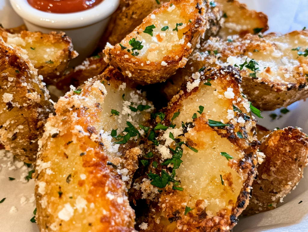 close up of potato wedges with parmesan and herbs and ketchup dipping sauce