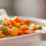 a close-up shot of a vibrant and aromatic minute vegetable curry in a sleek and modern white serving dish. The dish is filled with a colorful medley of perfectly diced carrots, peas, bell peppers, and potatoes, all simmering in a rich and fragrant curry sauce. The steam rises delicately from the piping hot curry, highlighting the intricate textures and intricate blend of spices. The background is a soft, blurred backdrop, enhancing the focus on the enticing curry.
