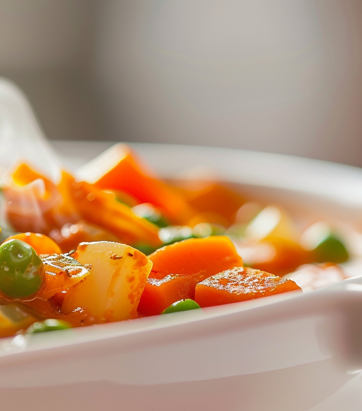 a close-up shot of a vibrant and aromatic minute vegetable curry in a sleek and modern white serving dish. The dish is filled with a colorful medley of perfectly diced carrots, peas, bell peppers, and potatoes, all simmering in a rich and fragrant curry sauce. The steam rises delicately from the piping hot curry, highlighting the intricate textures and intricate blend of spices. The background is a soft, blurred backdrop, enhancing the focus on the enticing curry.