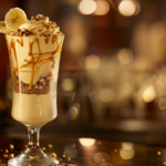 a visual feast of a luscious Peanut Butter Banana Smoothie, blended to perfection in a tall, frosty glass. The rich, creamy texture swirls with layers of golden peanut butter and ripe banana, topped with a sprinkle of crunchy crushed nuts. Fresh slices of ripe banana and a dollop of creamy peanut butter adorn the rim, adding a touch of elegance to this indulgent, nutritious treat. The smoothie glistens in the soft light, inviting you to savor every sip.