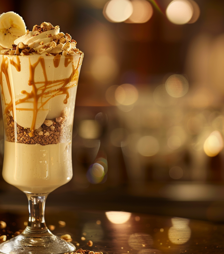 a visual feast of a luscious Peanut Butter Banana Smoothie, blended to perfection in a tall, frosty glass. The rich, creamy texture swirls with layers of golden peanut butter and ripe banana, topped with a sprinkle of crunchy crushed nuts. Fresh slices of ripe banana and a dollop of creamy peanut butter adorn the rim, adding a touch of elegance to this indulgent, nutritious treat. The smoothie glistens in the soft light, inviting you to savor every sip.