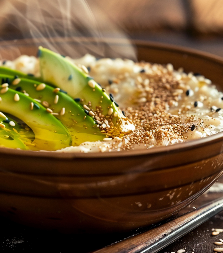Imagine a close-up shot of a steaming bowl of savory oatmeal. The oatmeal is topped with slices of perfectly ripe avocado, sprinkled with crunchy toasted sesame seeds, and drizzled with a swirl of fragrant sesame oil. The bowl rests on a rustic wooden tabletop, with a vintage spoon on the side. The lighting is soft, creating a cozy and inviting atmosphere.